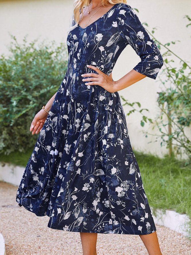 Elegant V-Ausschnitt Geblümt A-Linien-Kleid
