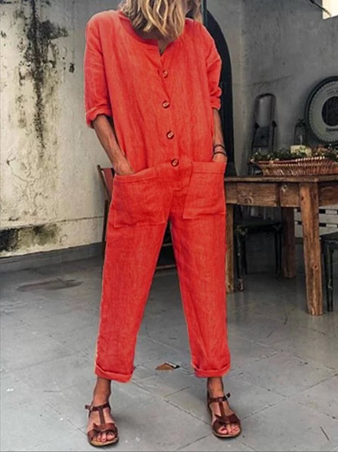 Damen Modetrend Lässige Jumpsuits Geknöpfte Langarm-Jumpsuits