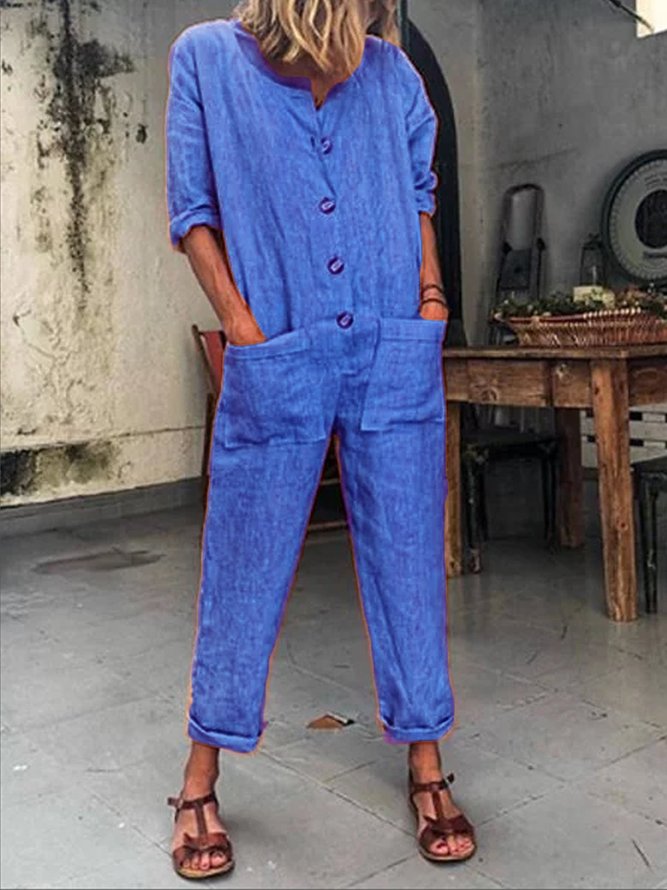 Damen Modetrend Lässige Jumpsuits Geknöpfte Langarm-Jumpsuits