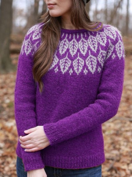 Gestrickter Print Lässiger Pullover Rundhals