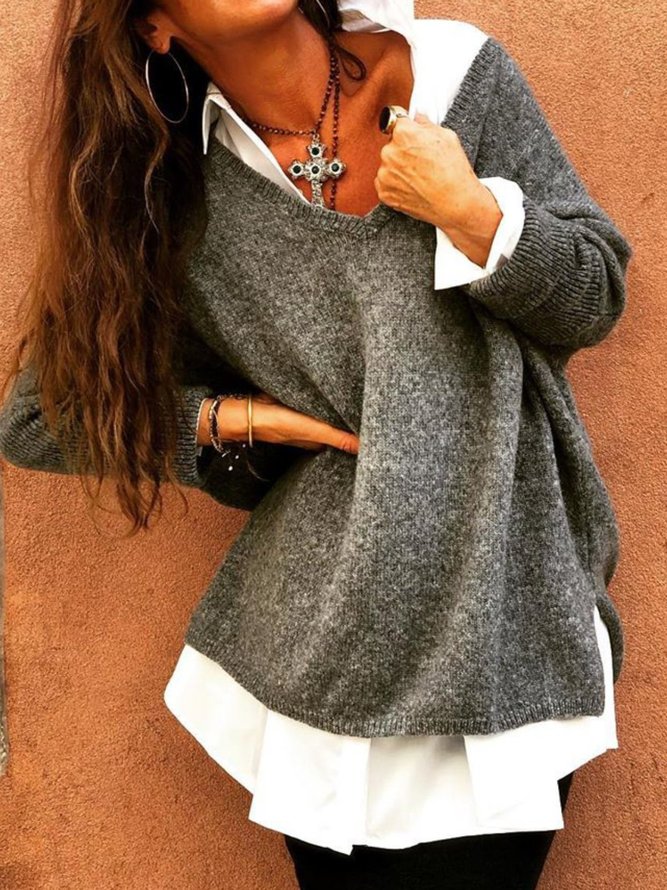 Große Größen Lässig V-Ausschnitt Unifarben Langarm Pullover