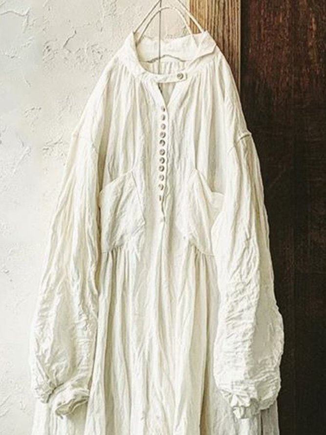 Retro Unifarben Große Größen Langarm Freizeitkleid