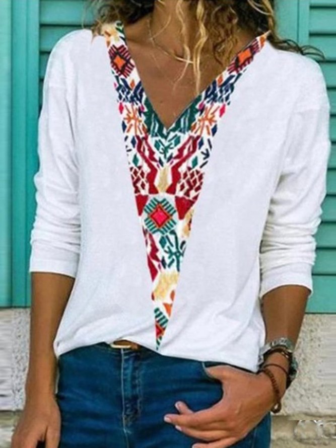 Damen Bohemian Kleidungsstil Shirts Print Langarm Lässig Baumwollgemischung Shirts