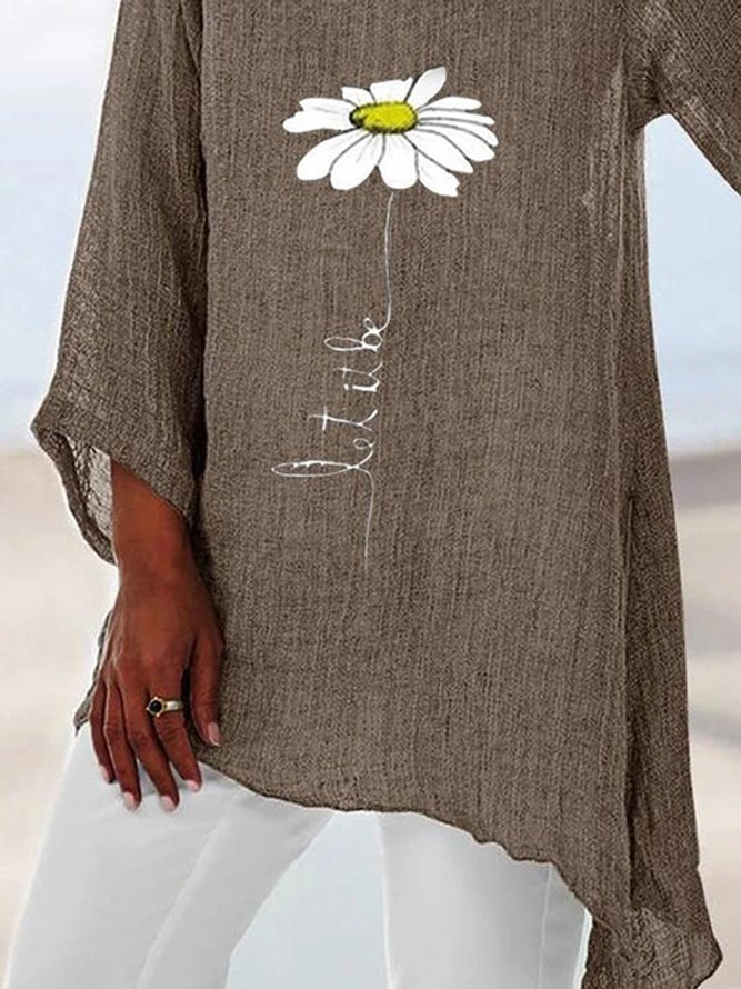 3/4 Ärmel Lässige Blusen aus Leinen mit Blumenmuster | Tops | Khaki