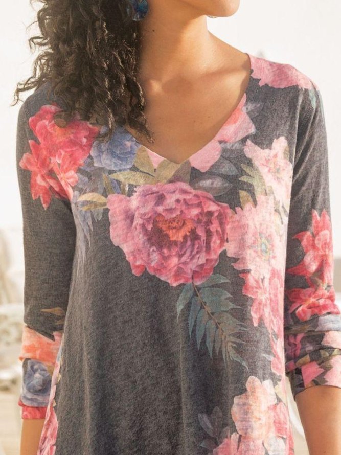 Baumwollgemisch Lässig V-Ausschnitt Print Shirts & Blusen&Shirts