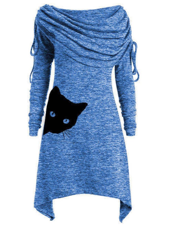 Langarm Lässige Kleider mit Katze Print