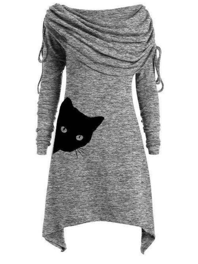 Langarm Lässige Kleider mit Katze Print