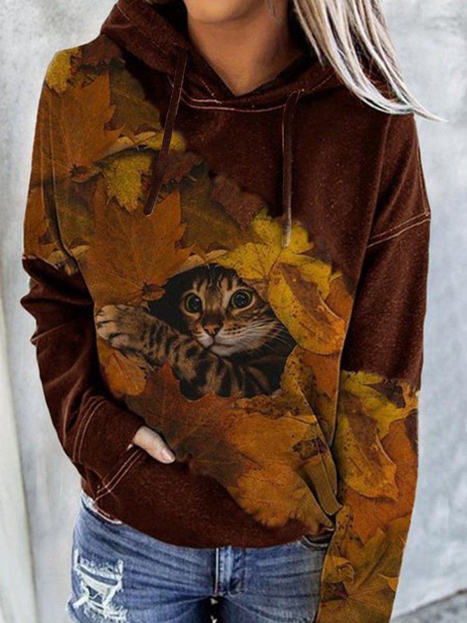Tierdruck langärmelig Baumwolle Gemisch Lässig Kapuze Katzenmuster Sweatshirt