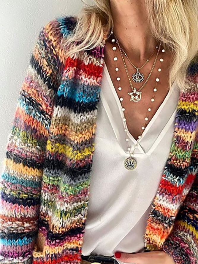 Cardigan Lässige Gestreifte Bunte Strickjacke mit Langarm Große Größen