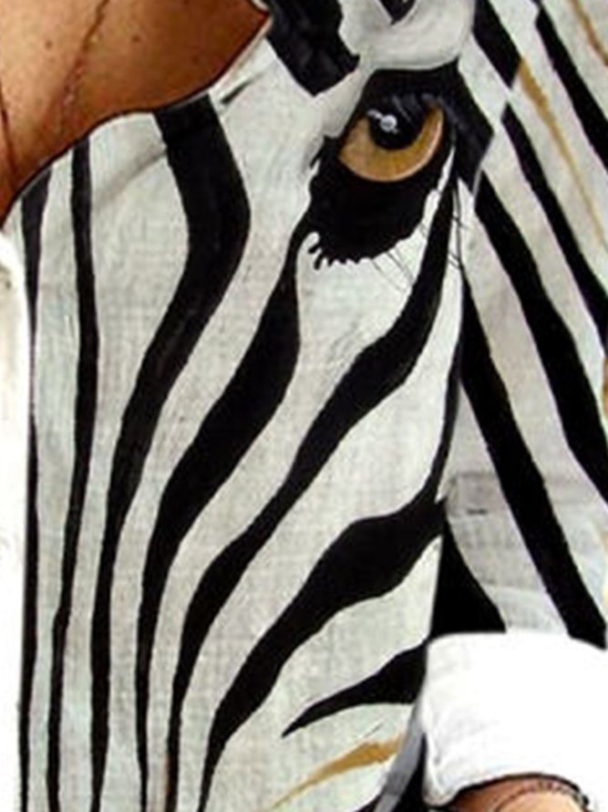 Zebra Print Weite Langarmbluse aus Baumwolle Leinen