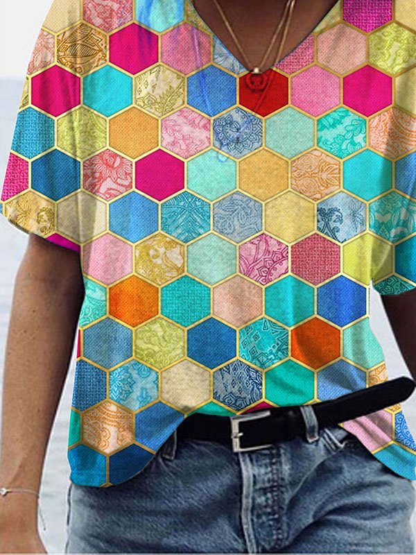 Lässig Baumwollmischung Print Kurzarm T-Shirt