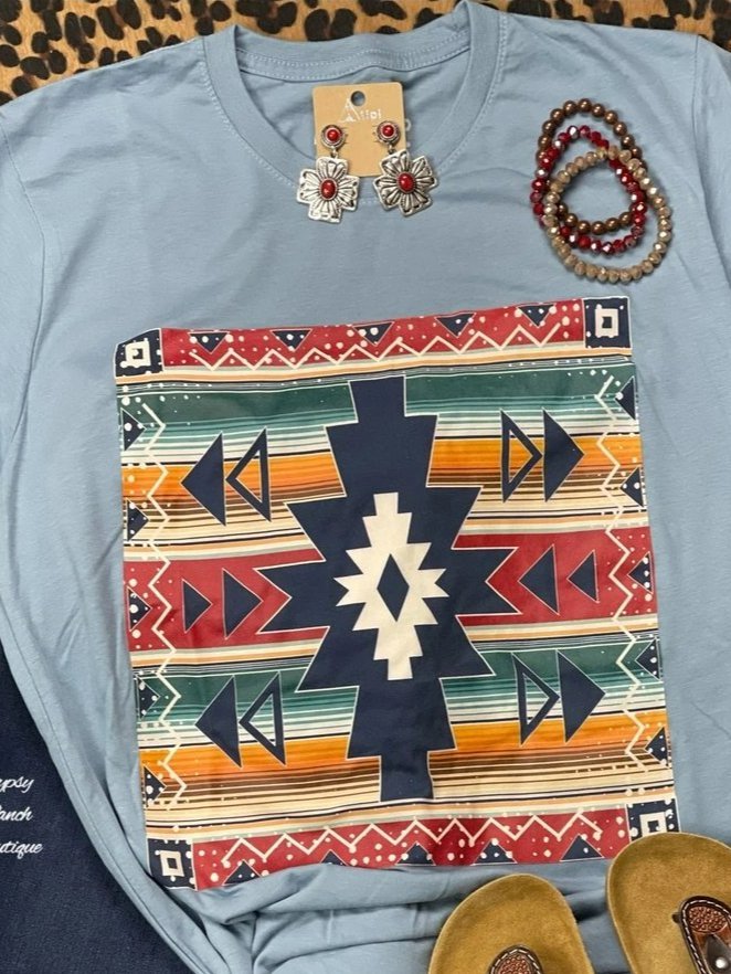 Lässig Kurzarm Ethnisch Farbblock T-Shirt