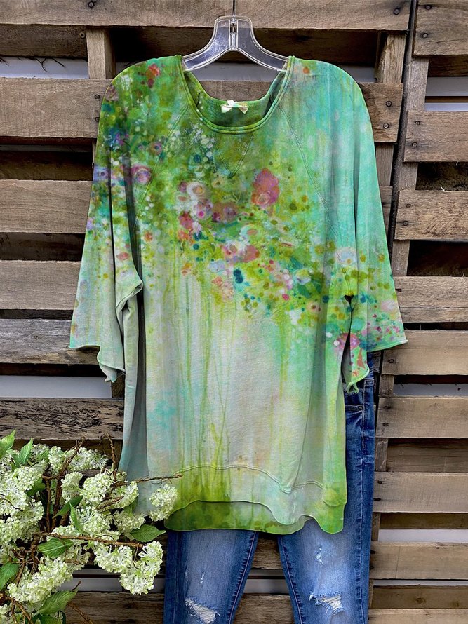 Grün Bereich Batik Halbarm Pastoral T-Shirt