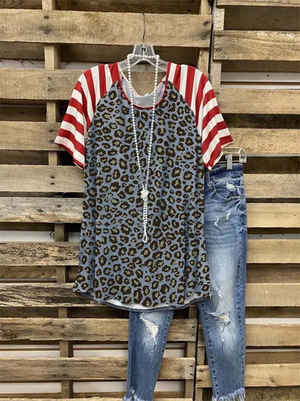 Leopard-Druck Kurzarm Baumwollmischung Lässig T-Shirt