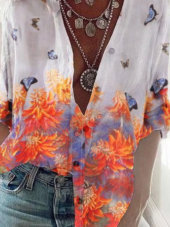 Schmetterling Langarm V-Ausschnitt Shirts & Blusen&Shirts