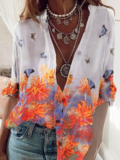Schmetterling Langarm V-Ausschnitt Shirts & Blusen&Shirts