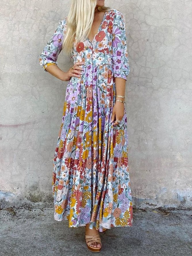Große Größen Retro Urlaub Hippie Geblümt Böhmisch V-Ausschnitt Freizeitkleid