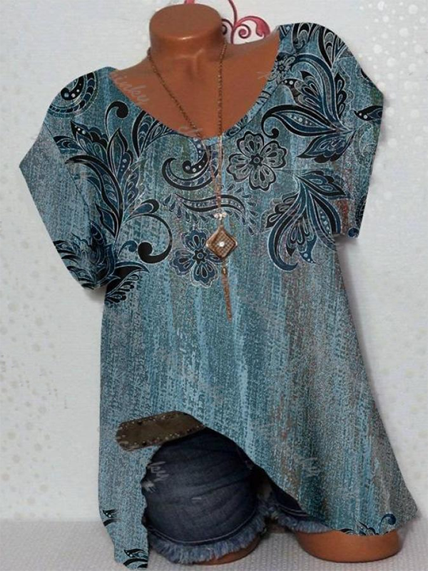 Kurzarm Print Lässig Rundhals Shirts & Blusen&Shirts