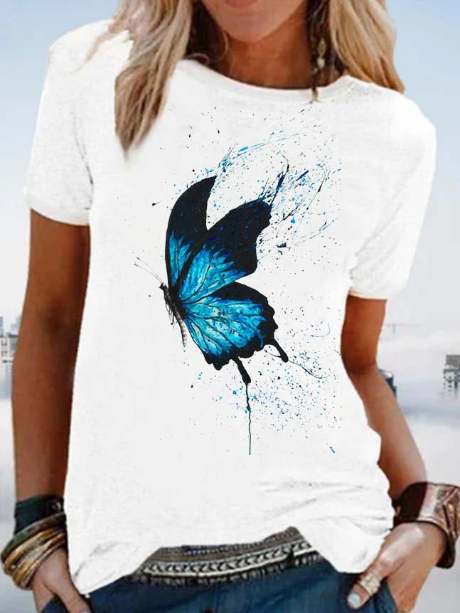 Rundhals Sommer Bluse mit Schmetterling Print