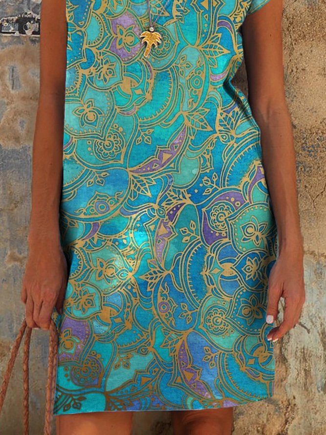 Urlaub Stil Print Paisley Freizeitkleid mit V-Ausschnitt Kurzarm