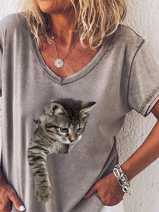 Grau Katze Print Normal Lässig V-Ausschnitt Kurzarm Shirts & Blusen&Shirts