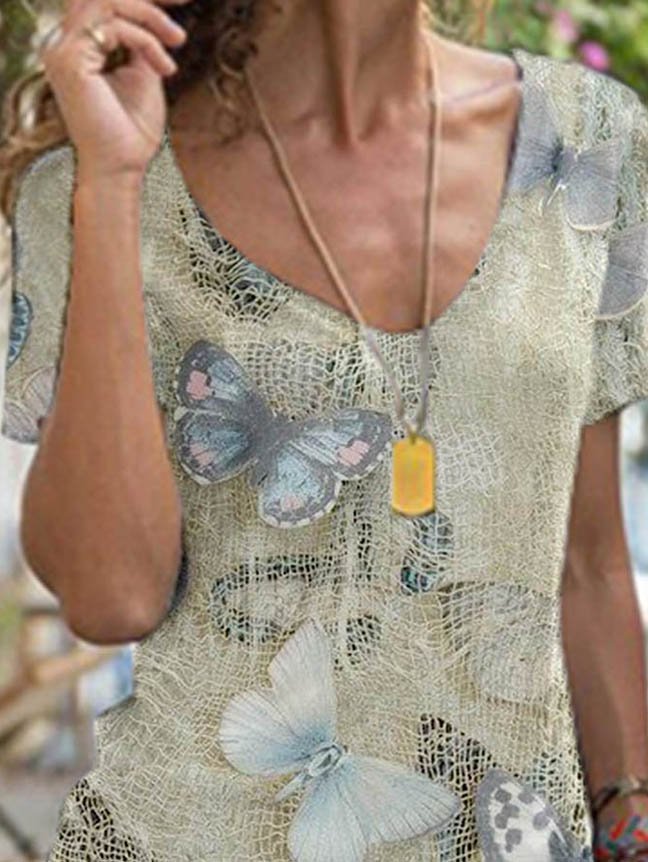 V-Ausschnitt Urlaub Bluse mit Schmetterling Print