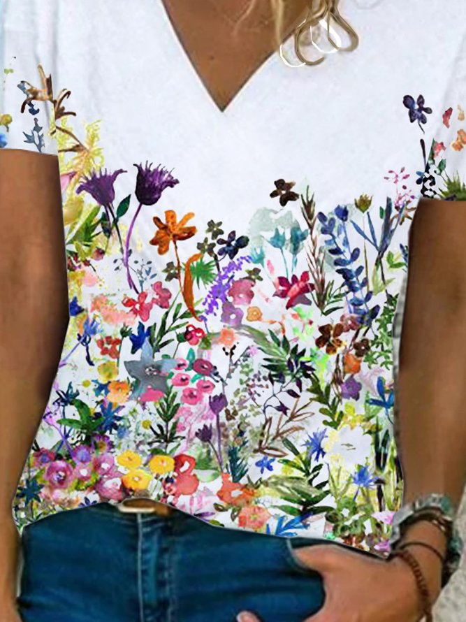 Geblümter Print Sommer Bluse mit V-Ausschnitt