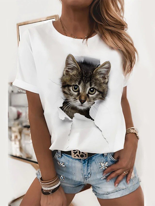 Weiß Katze Print Kurzarm Normal Normal Shirts & Blusen&Shirts