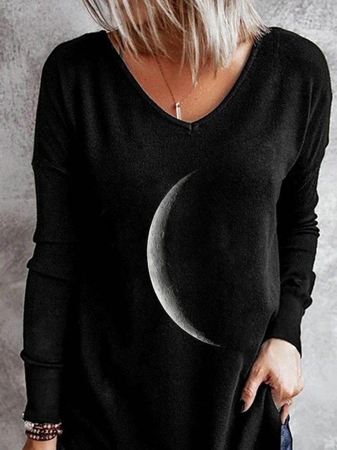 Damen Herbst Schwarz Mond Print V-Ausschnitt Lässig Langarm Normal Shirts & Blusen&Shirts