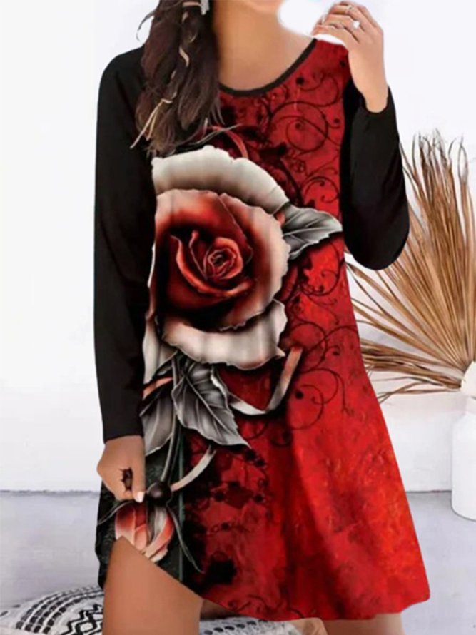 Retro Rundhals Freizeitkleid mit Blumenmuster