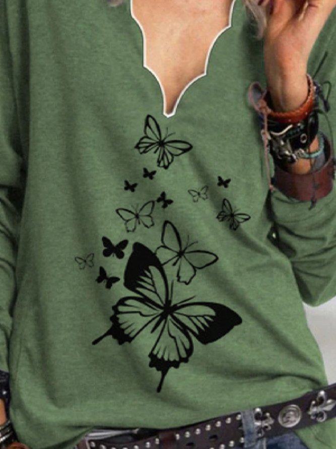 V-Ausschnitt Langarm T-Shirt mit Schmetterling Print