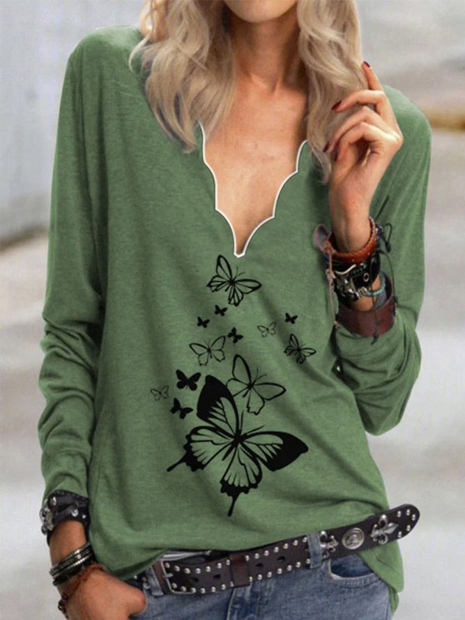 V-Ausschnitt Langarm T-Shirt mit Schmetterling Print