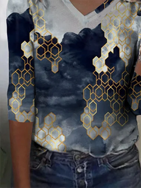 3/4 Ärmel V-Ausschnitt T-Shirt mit Print