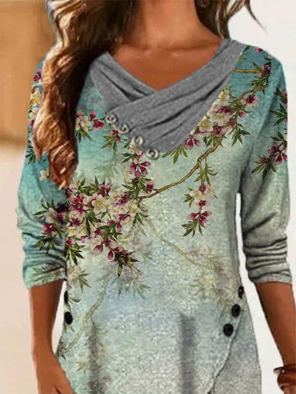 Print V-Ausschnitt Langarm Lässig Shirts & Blusen&Shirts
