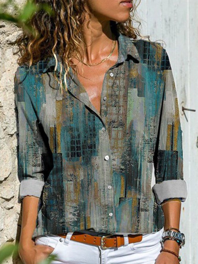 Retro Geometrisch Kunst Print Geknöpft Langarm Große Größen Lässig Shirts Blusen&Shirts