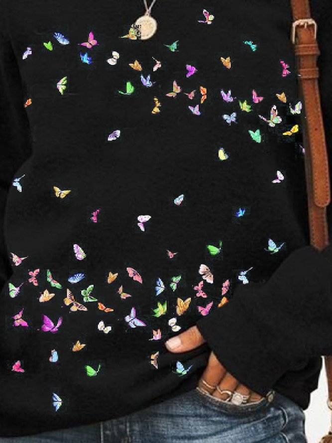 Rundhals Langarm Sweatshirts mit Schmetterling Print