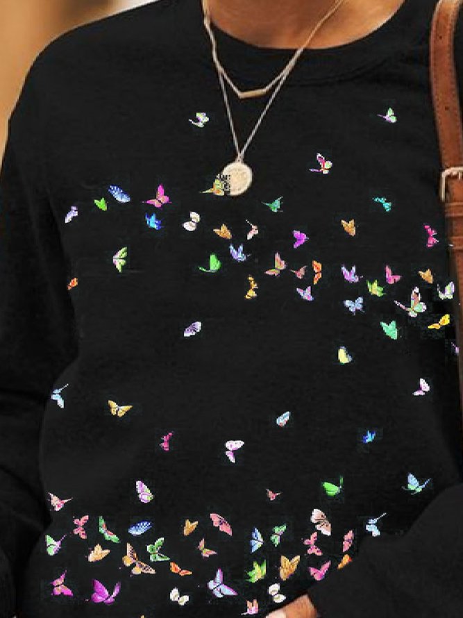 Rundhals Langarm Sweatshirts mit Schmetterling Print