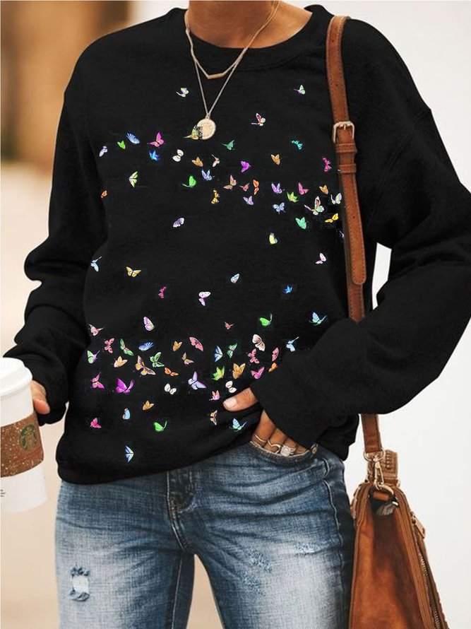 Rundhals Langarm Sweatshirts mit Schmetterling Print