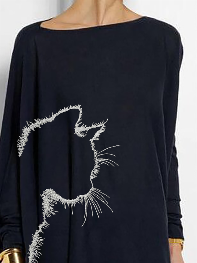 Große Größen U-Boot-Ausschnitt Katze Langarm Shirts & Blusen&Shirts