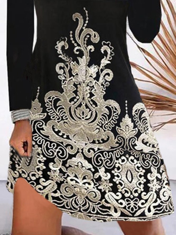 Retro Geometrisch Print Rundhals Langarm Große Größen Freizeitkleid