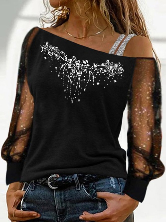Retro Mesh Glänzend Geblümt Langarm Große Größen Lässig Blusen&Shirts