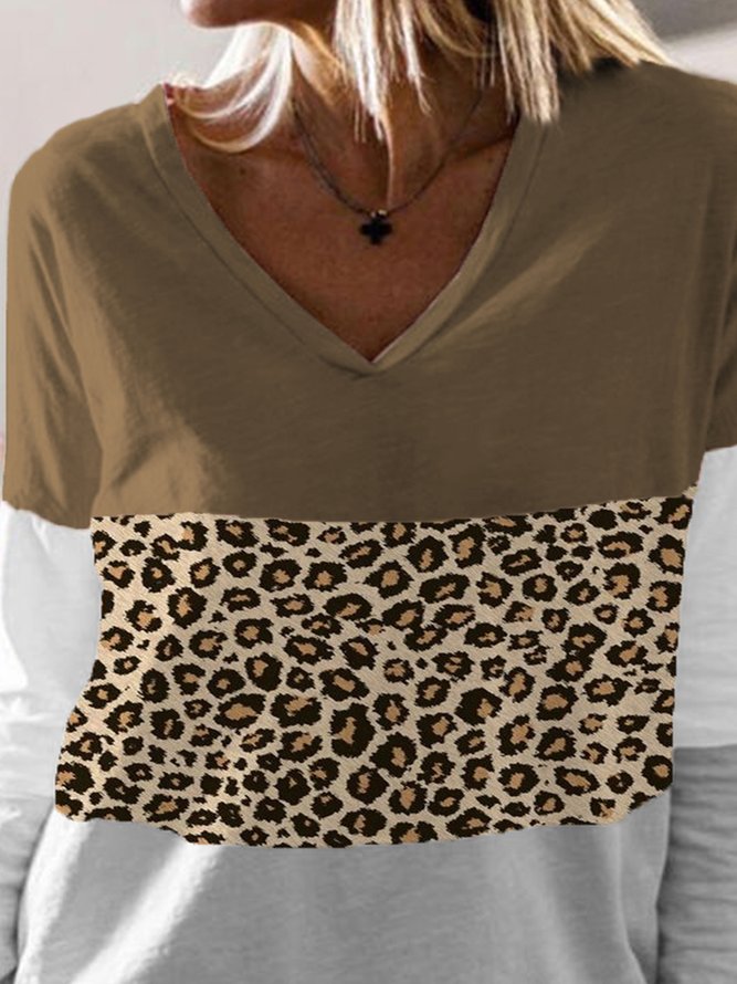 Retro Farbblock Leopard Print Langarm V-Ausschnitt Große Größen Lässig Blusen&Shirts