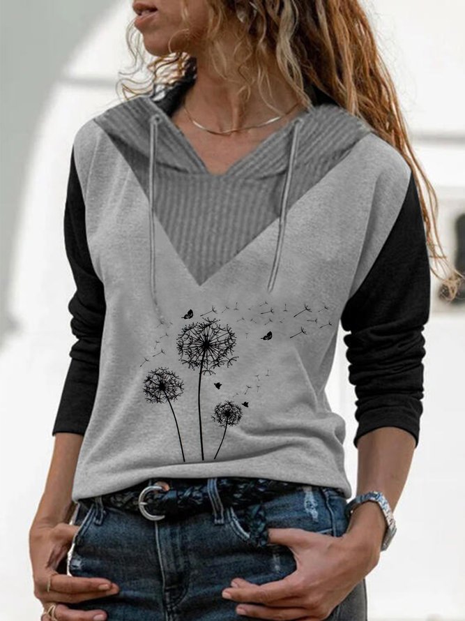 Retro Langarm Löwenzahn Print Kapuze Große Größen Lässig Sweatshirts