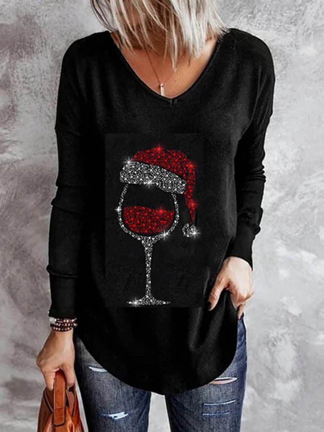 Weihnachten Lässig V-Ausschnitt Shirts & Blusen&Shirts