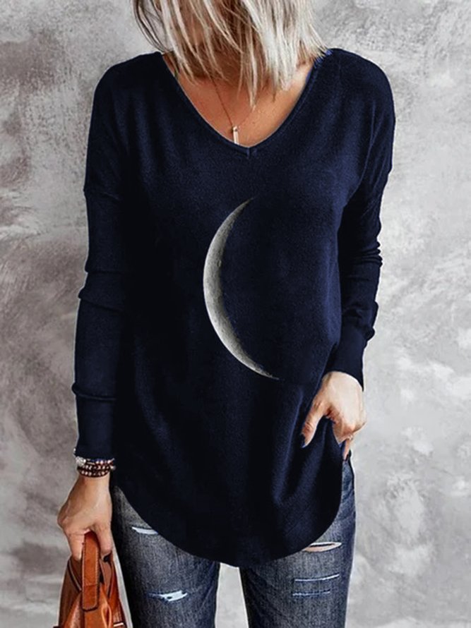 Damen Herbst Schwarz Mond Print V-Ausschnitt Lässig Langarm Normal Shirts & Blusen&Shirts