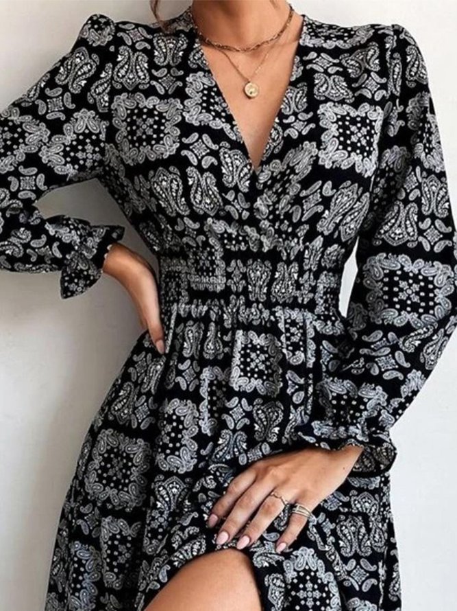 Retro Geometrisch Blumenmuster V-Ausschnitt Langarm Große Größen Freizeitkleid