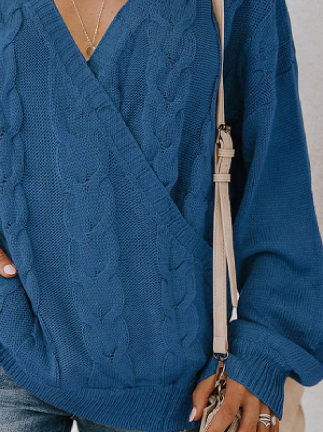 Lässig V-Ausschnitt Langarm Unifarben Pullover