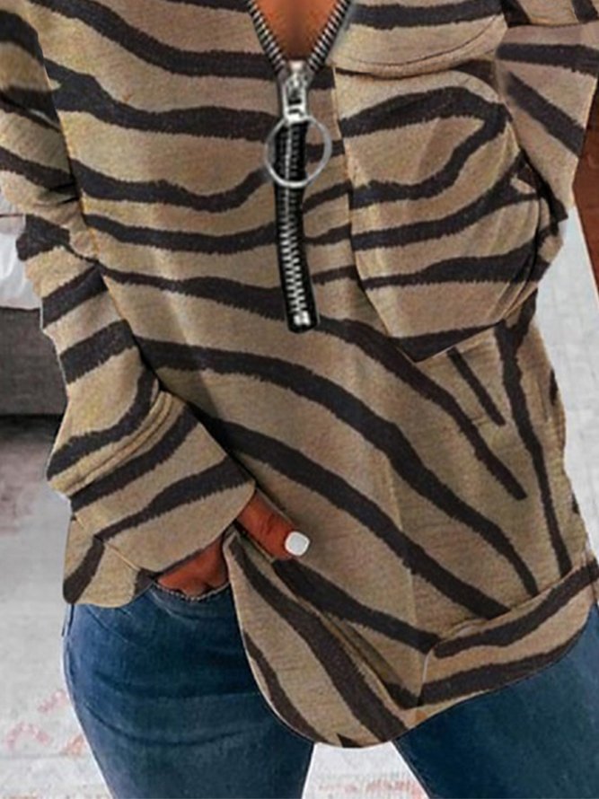 Retro Zebra Print Langarm Reißverschluss V-Ausschnitt Große Größen Lässig Sweatshirts