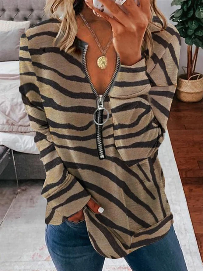 Retro Zebra Print Langarm Reißverschluss V-Ausschnitt Große Größen Lässig Sweatshirts