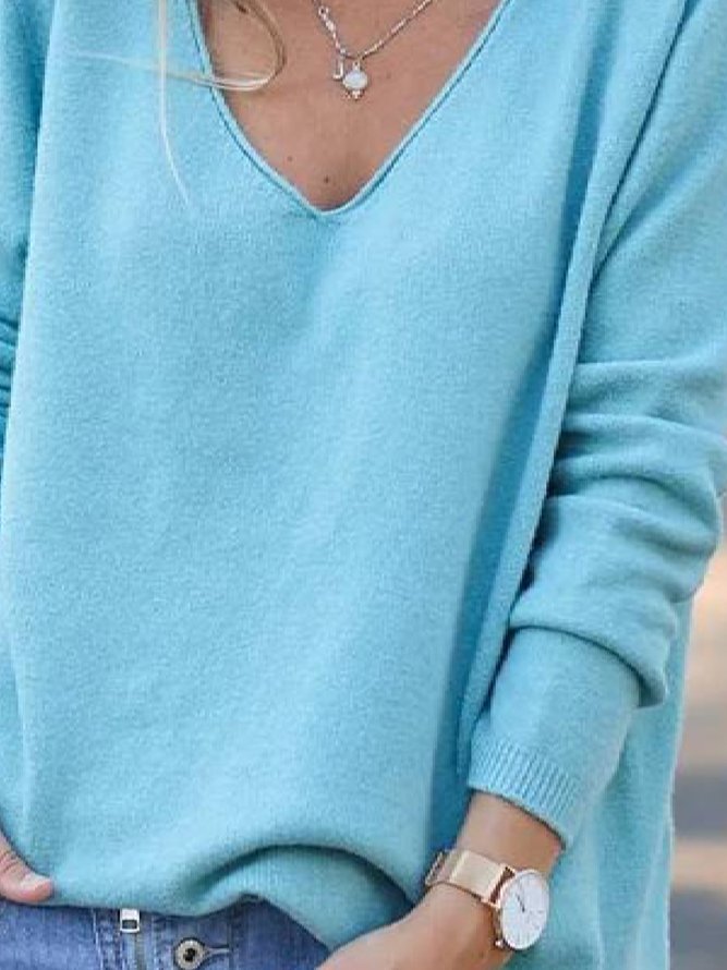 Lässig Unifarben V-Ausschnitt Langarm Pullover